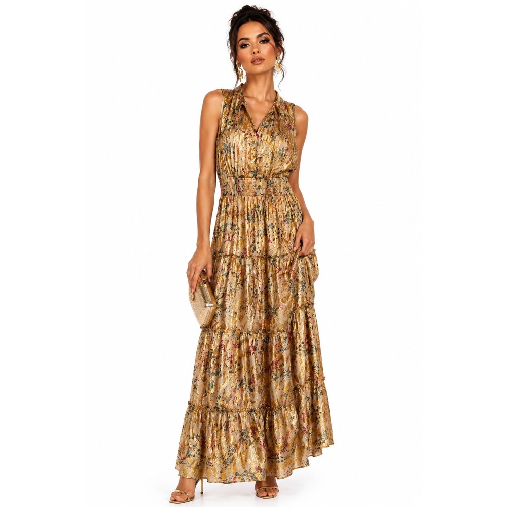 Daniel Rainn Eileen Sleeveless Maxi Dress Gold Floral Lurex Smocked Waist S NEW
